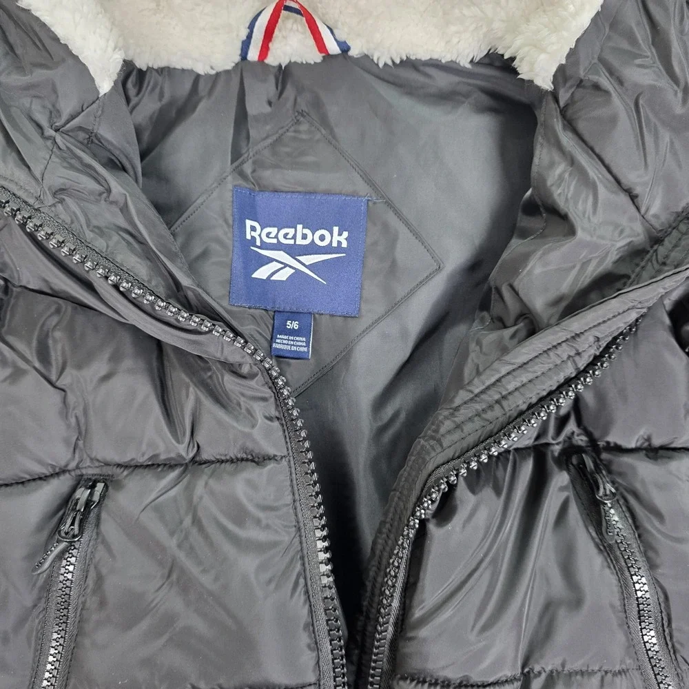 Reebok Jacket Youth 5/6 Black Hooded Puffer Faux Fur Sherpa Lined Winter O2RB697